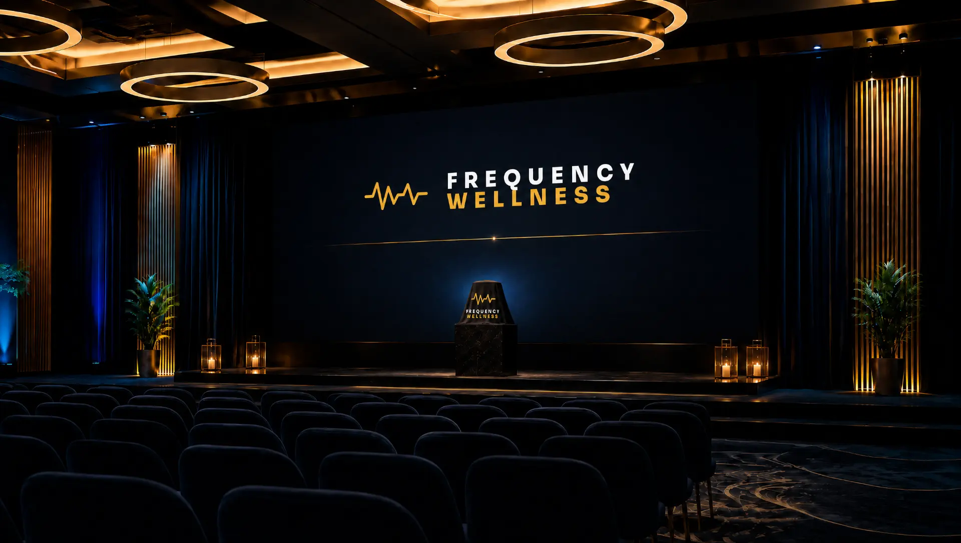 emGuarde frequency wellness device on a black pedestal emitting golden circular frequency waves and particles on a dark background