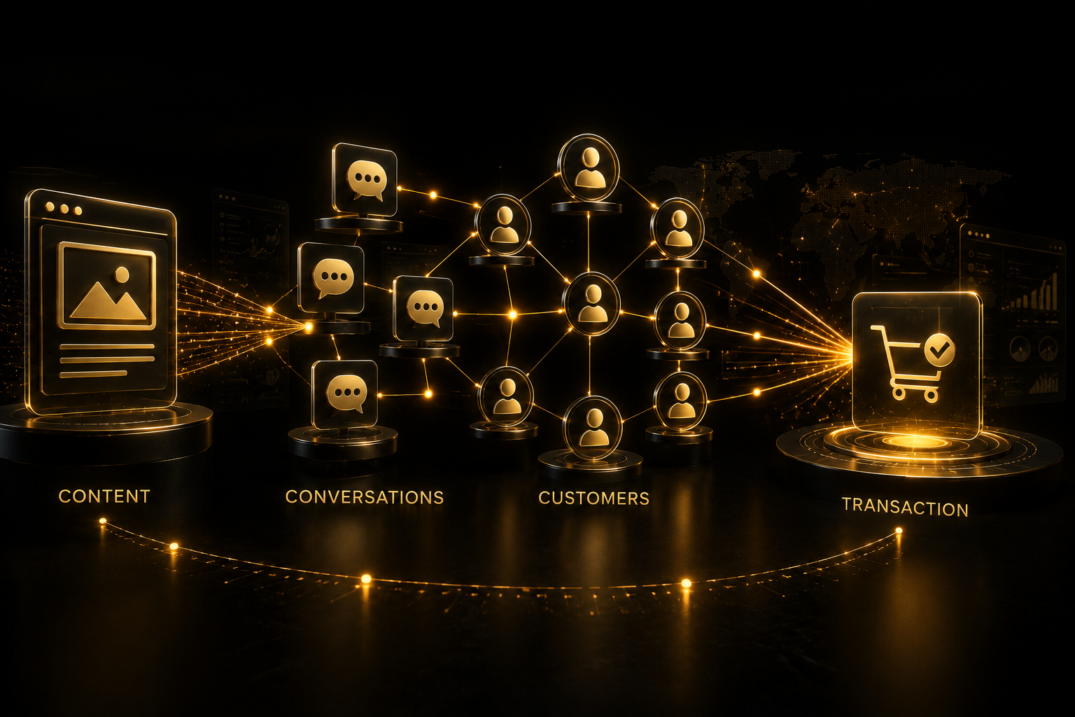 3D dark graphic showing content, conversations, customers, and transaction connected by golden digital pathways