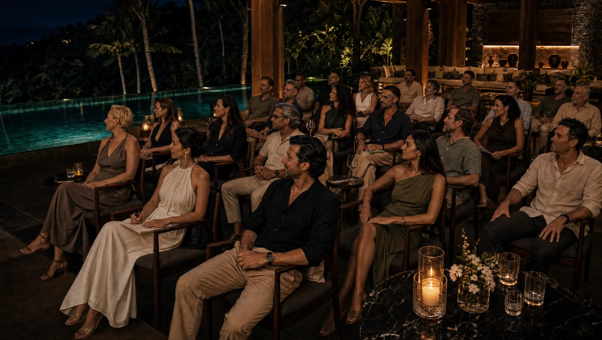 Audience seated at a premium tropical evening event