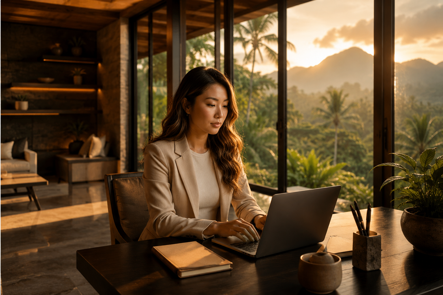 Professional working remotely at sunset