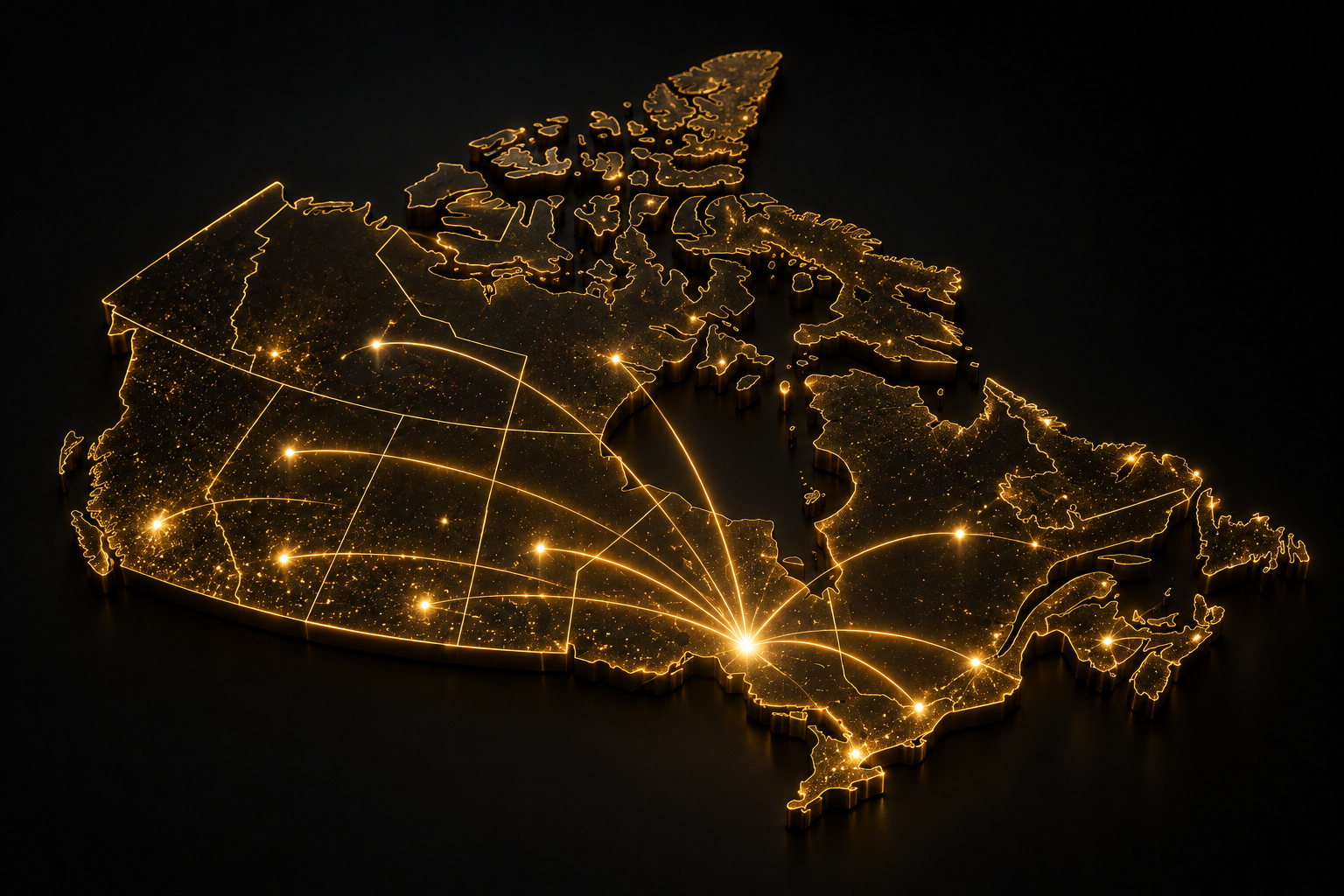 3D dark map of Canada with golden glowing provincial borders and radiating connection lines across the country