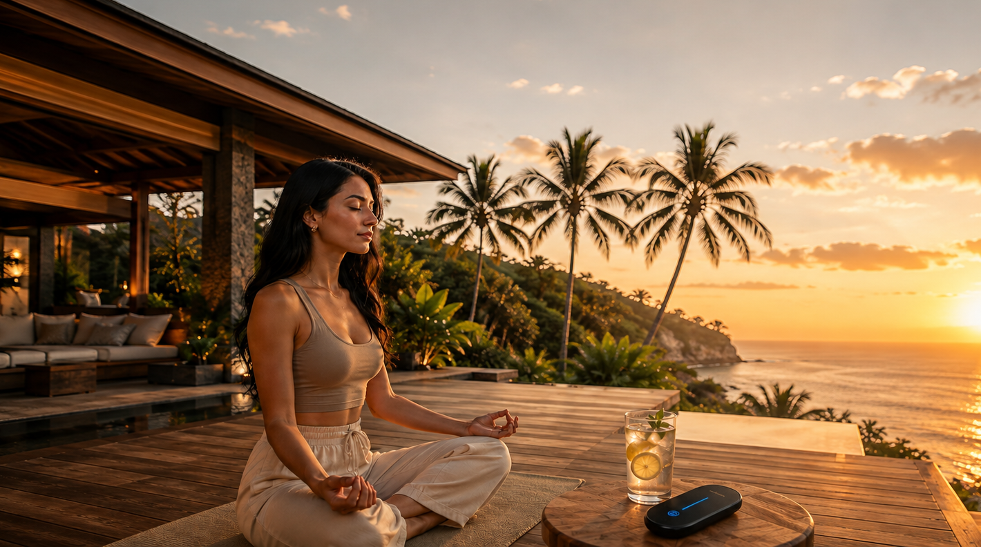 Woman meditating by the ocean at sunrise