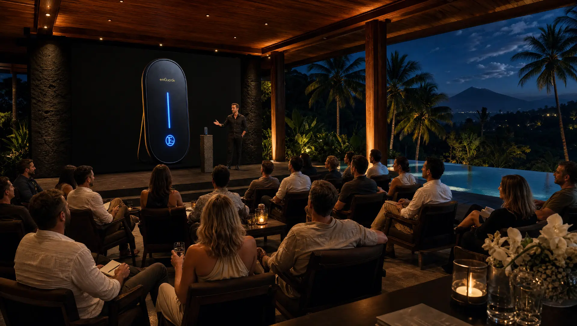 Speaker presenting the emGuarde frequency wellness device on stage