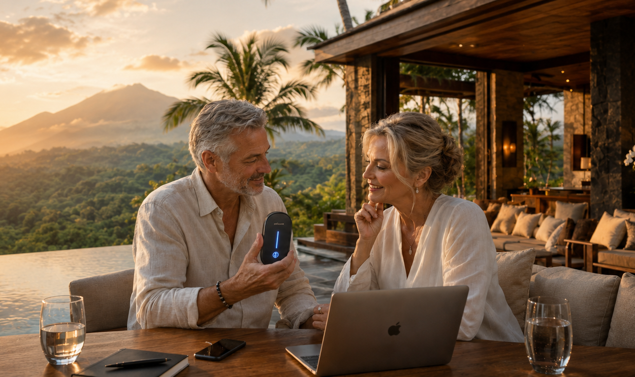 Mature couple reviewing laptop in luxury living room