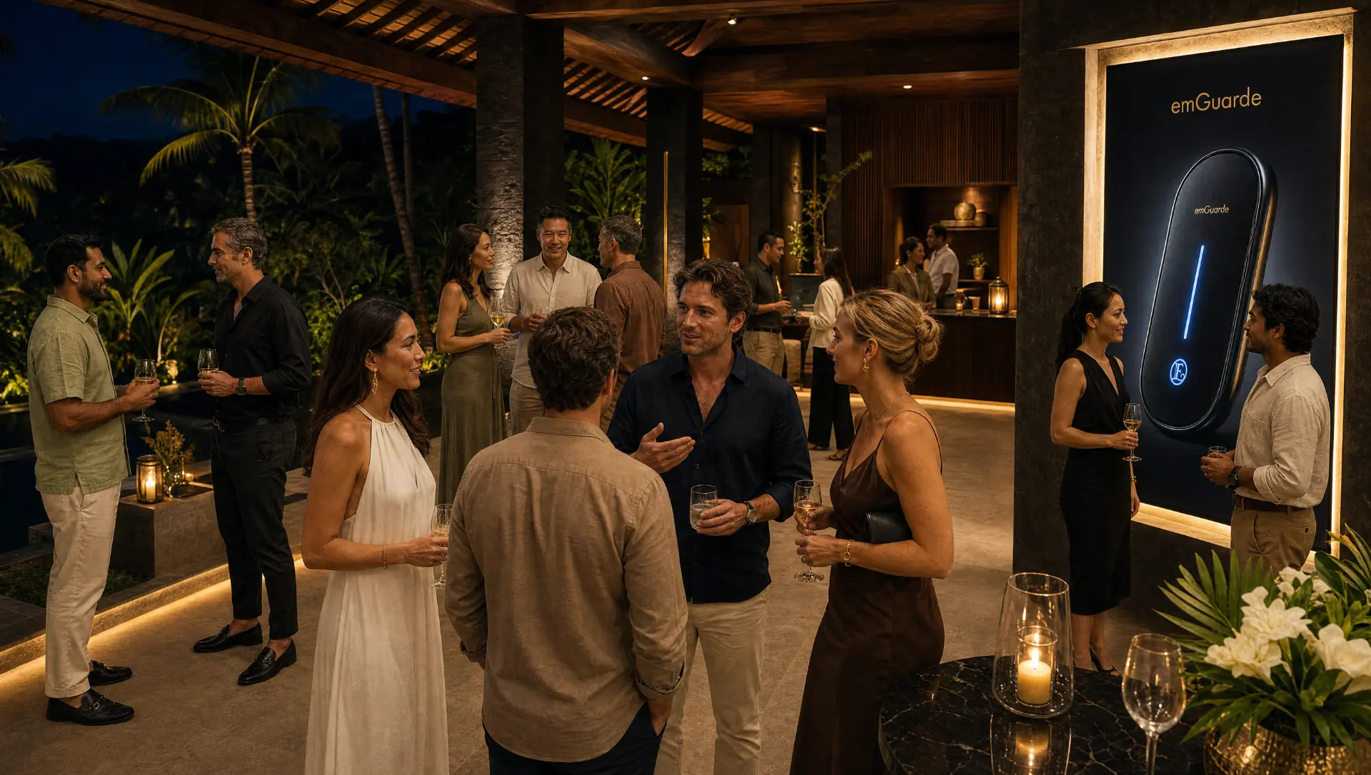 Guests networking at a luxury evening event with emGuarde display