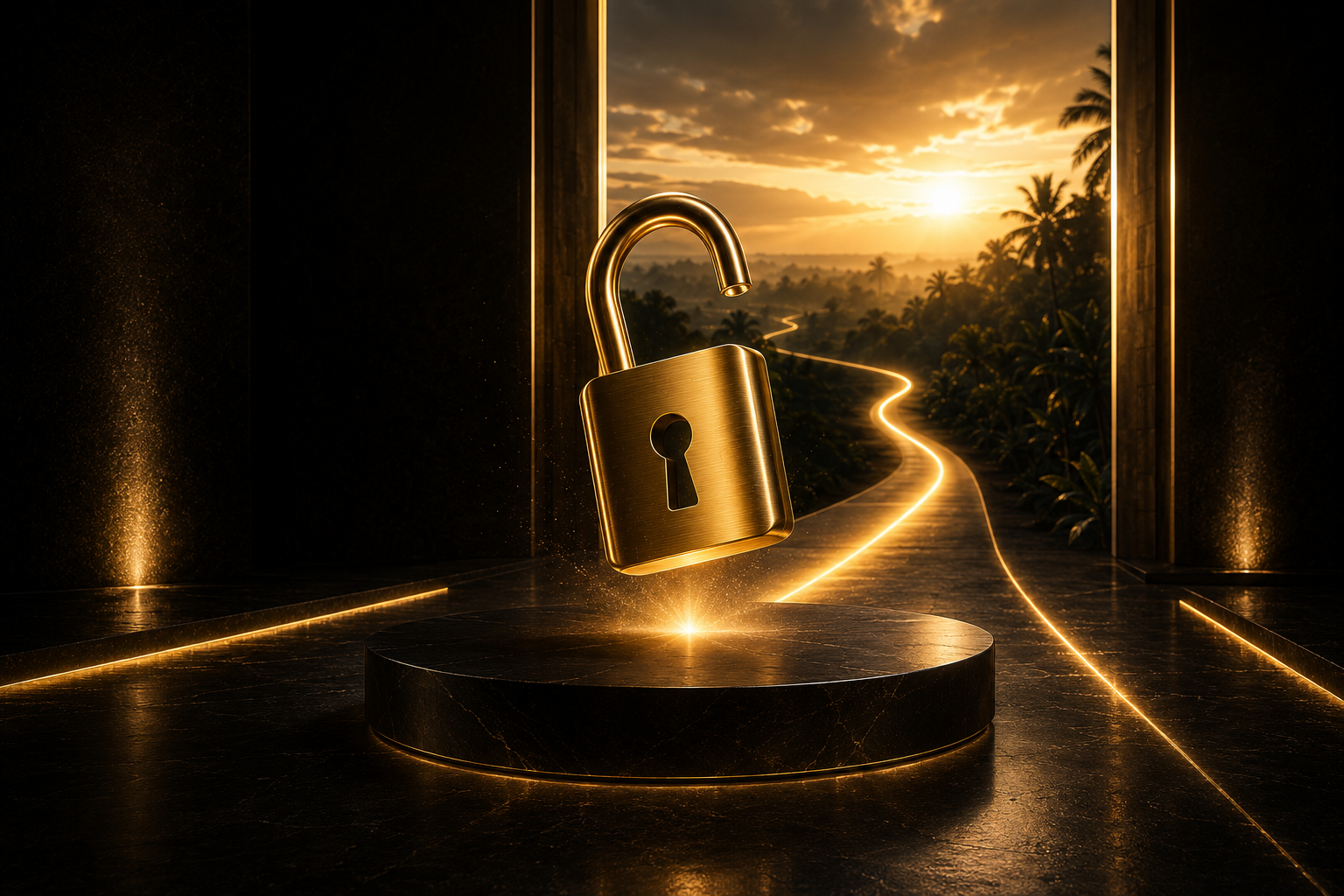 Golden unlocked padlock on a black marble pedestal with a glowing gold pathway leading through open doors to a tropical sunset